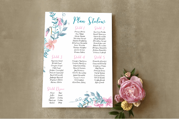 Plan de Mesas de Boda en Póster, Guirnalda Pastel, Lista de Invitados con Violetas | Tablero Nupcial | Cykade n.º 8