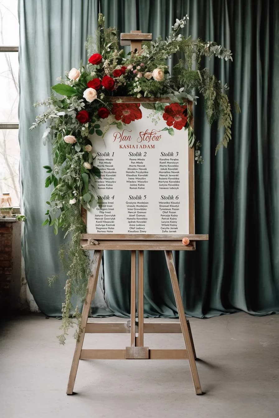 Plan de Mesas Floral con Rosas y Verdor | Tablero de Distribución de Invitados | Kraft nº 4