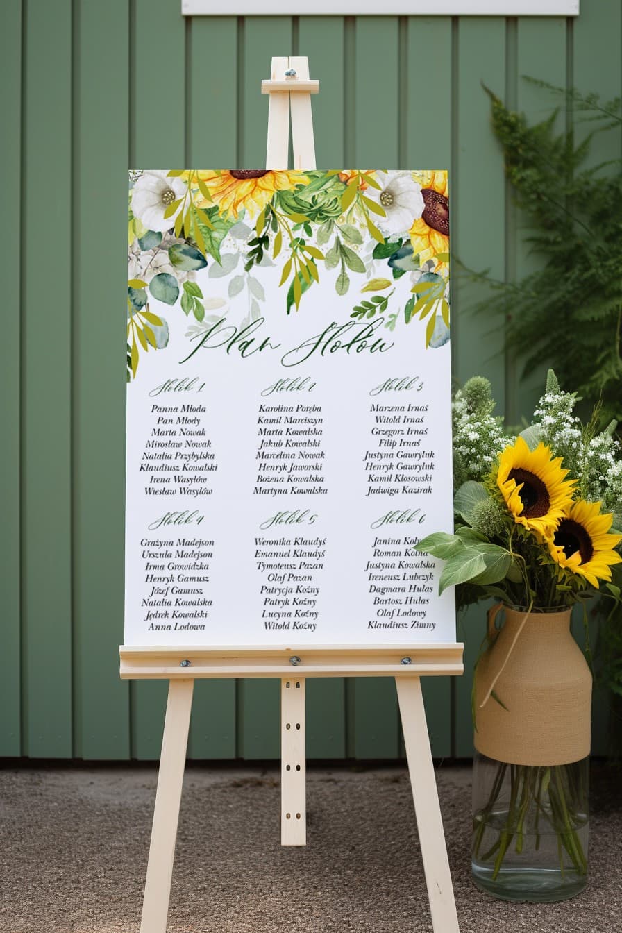 Plan de table de mariage avec tournesol, idéal pour un mariage en été