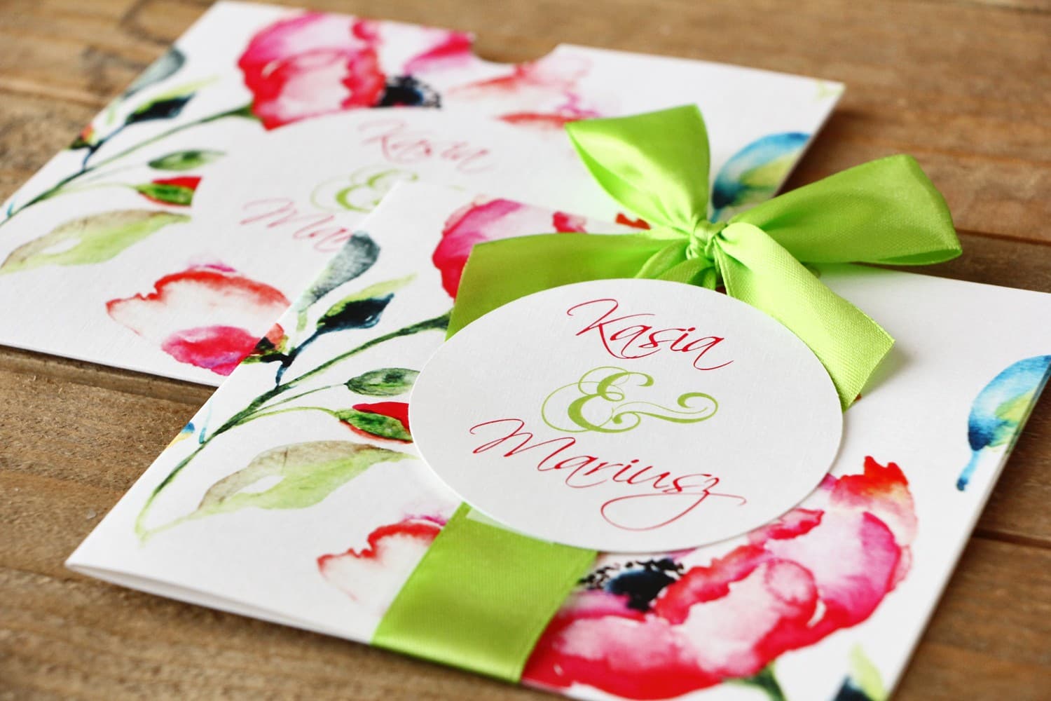 Square Anemone Pocket Wedding Invitations with Bow – Painted Flowers No. 6