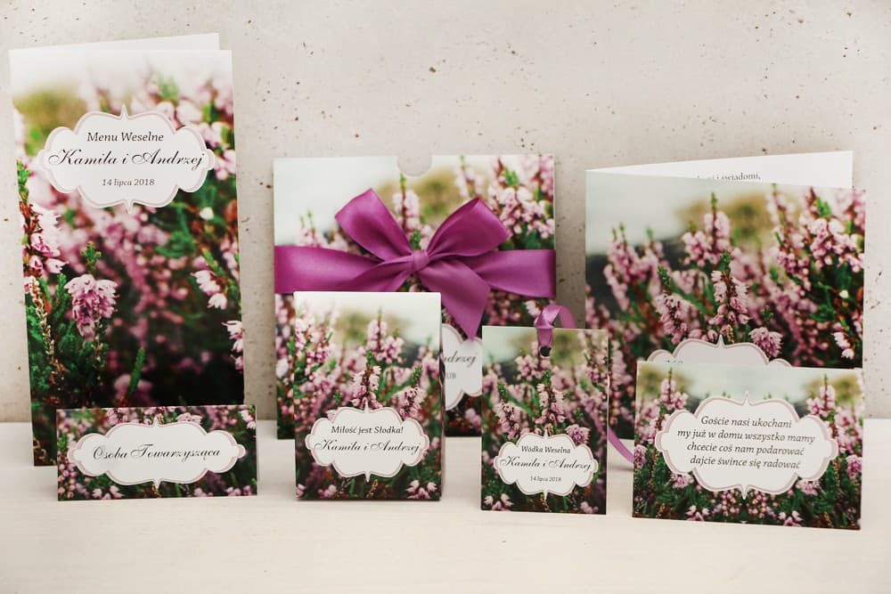 Pocket Wedding Invitations with Heather Field Photo and Ribbon – Felicja No. 1