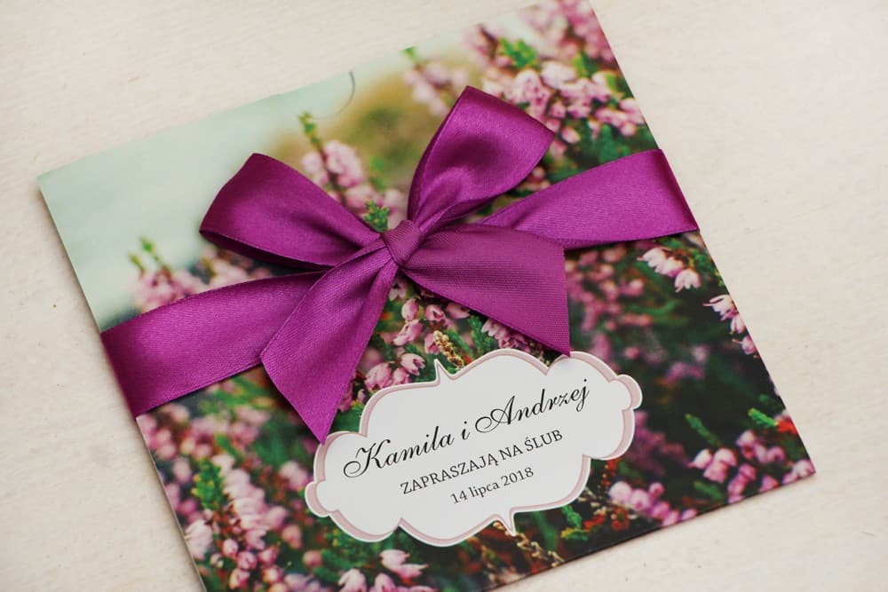 Pocket Wedding Invitations with Heather Field Photo and Ribbon – Felicja No. 1