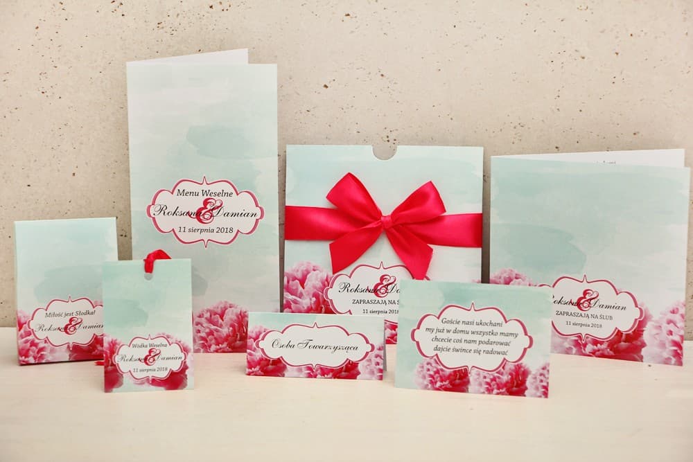 Square Wedding Invitations in Mint and Gold Pocket with Amaranth Flowers – Felicja No. 15 - 3