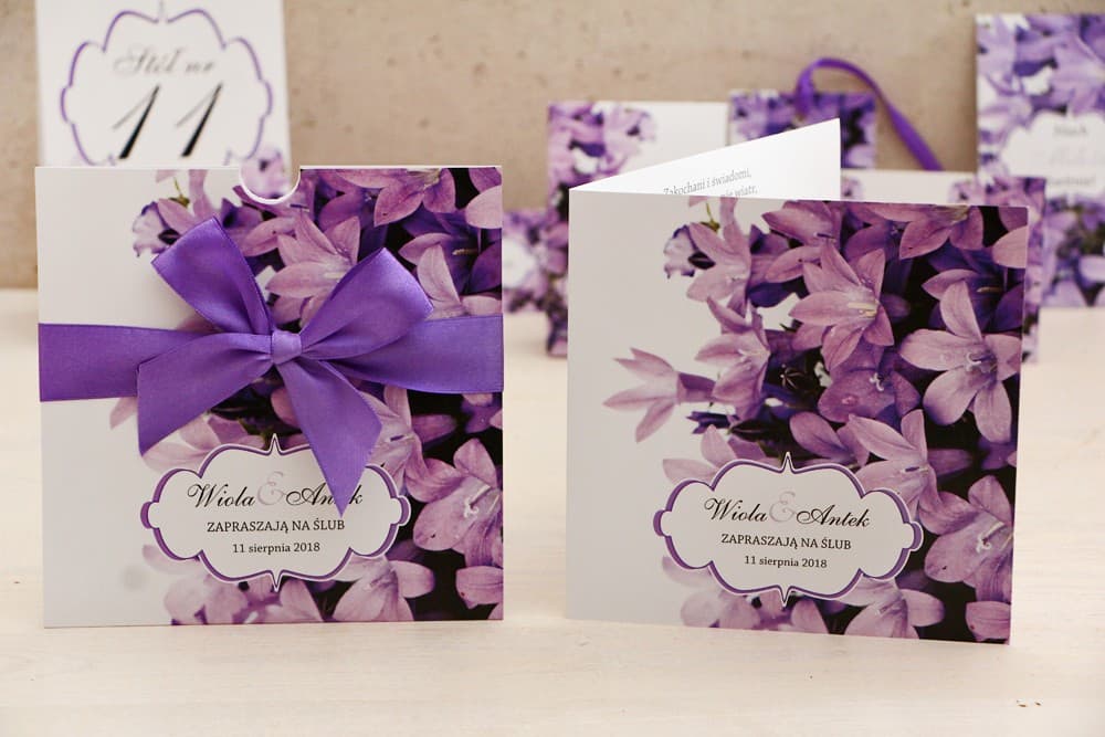 Pocketfold Wedding Invitations with Purple Flowers and Ribbon – Felicja No. 14 - 2