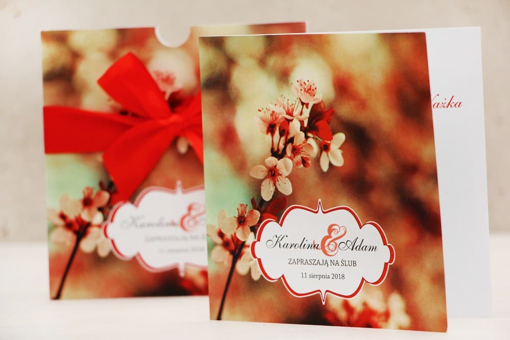 Square Pocketfold Wedding Invitations with Cherry Blossoms and Red Bow – Felicja No. 8