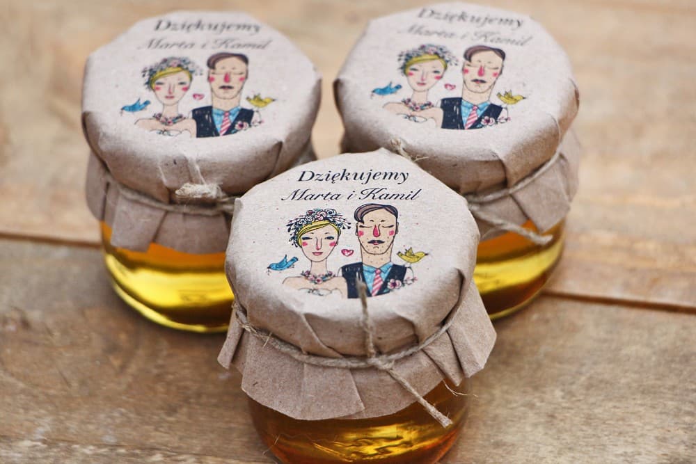 Presto No. 1 Mini Honey Jars with Eco Cover – Natural Wedding Favour with Bride & Groom Illustration