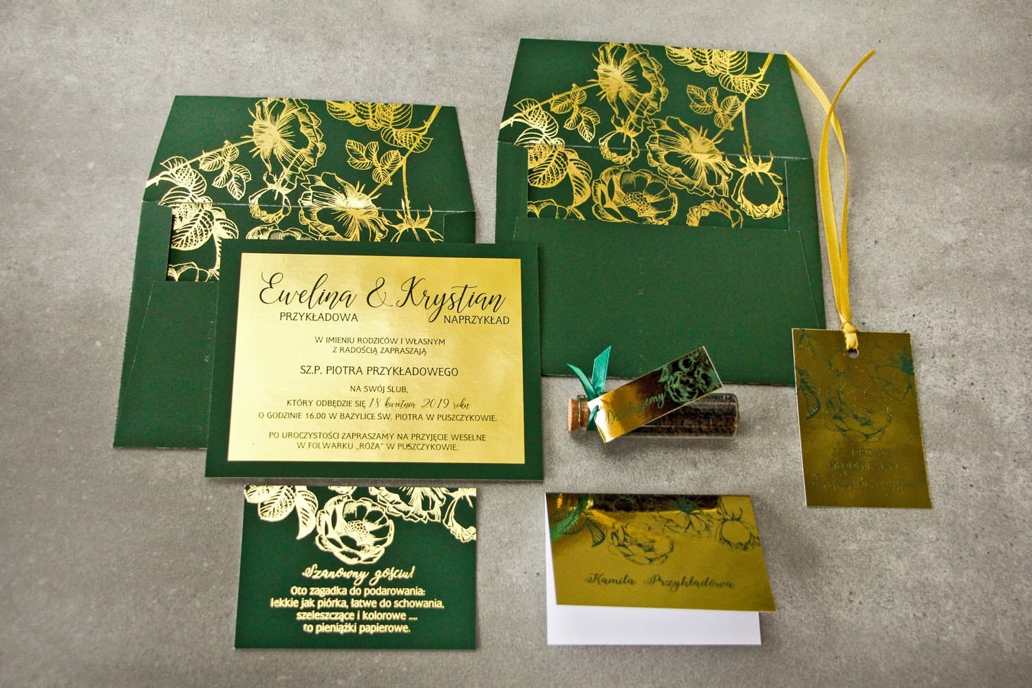 Vergoldete Muster Hochzeitseinladungen, Grüne Details | Muster-Set Papeterie | Brilant Nr. 3