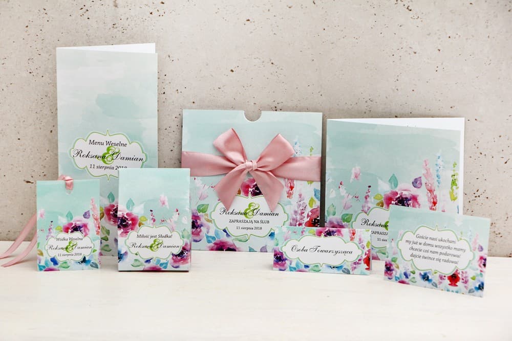 Musterset für Hochzeitspapeterie Aquarell-Wildblumen | Proben von Einladungskarten und Hochzeitsdeko | Kollektion Felicja Nr. 17