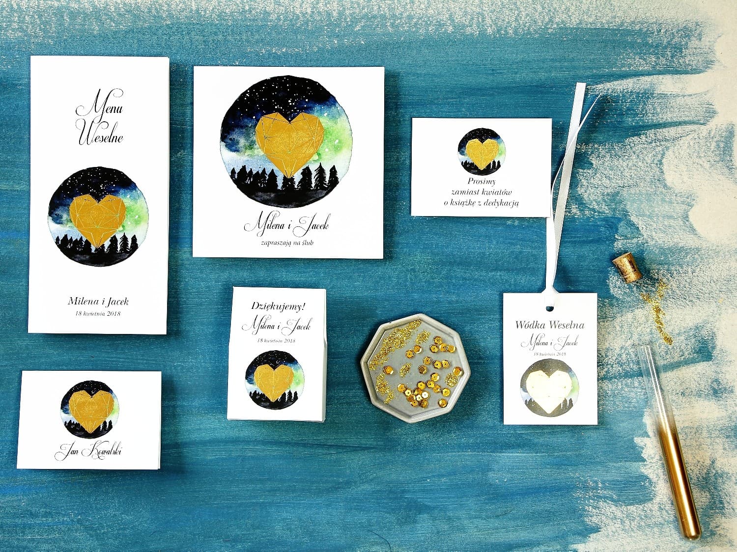 Muster-Set Hochzeitseinladungen Blau Gold | Elegante Papeterie | Kollektion Amelia Nr. 4