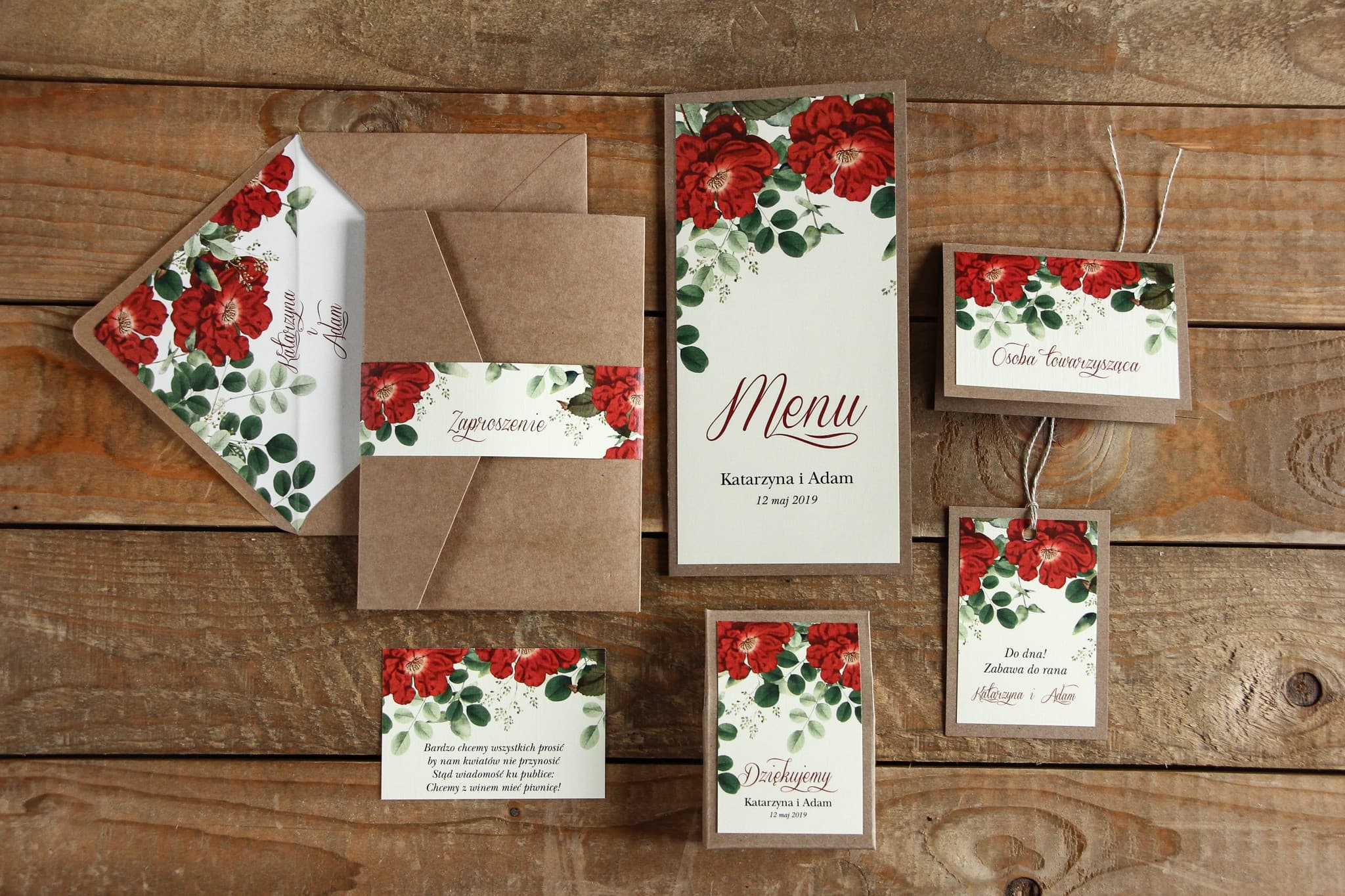 Muster-Set Hochzeitseinladungen Kraftpapier mit roter Rose | Kraft Nr. 4