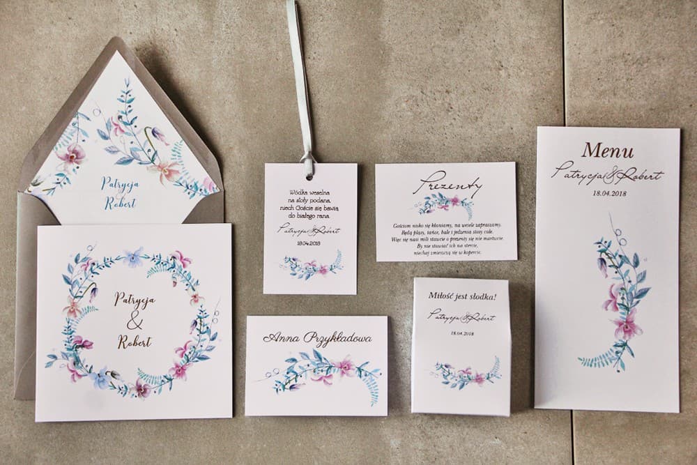 Muster-Set Hochzeitspapeterie: Einladungskarte, Tischkarte, Menü | Qualitätstest | Cykade Nr. 8