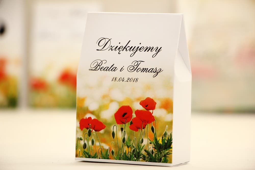 Pudełeczka Podziękowania dla Gości z Czerwonymi Makami i Słodyczami | Personalizowane Upominki Weselne | Elegant nr 21