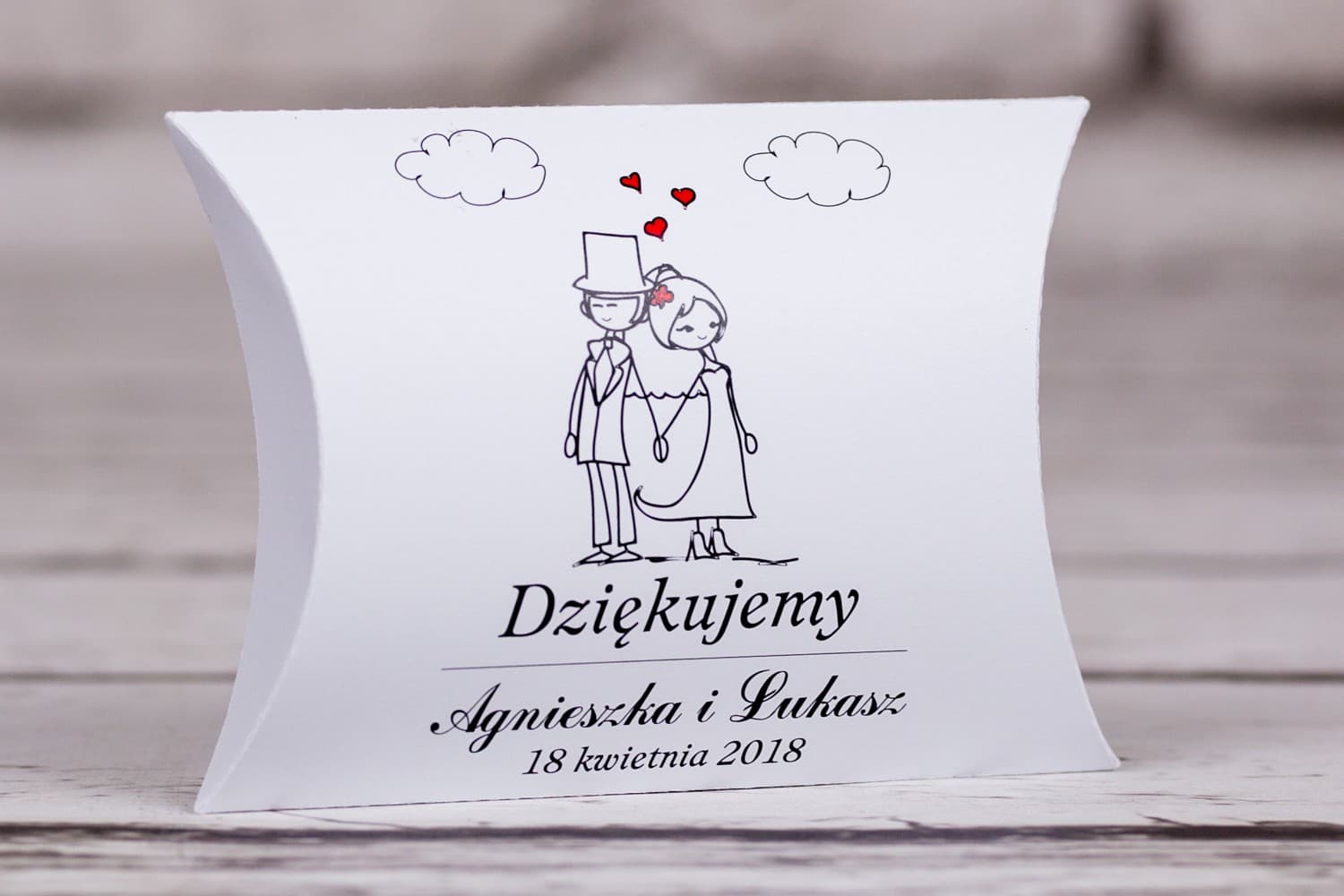 Podziękowania dla gości Pudełeczka Poduszeczki | Słodkie Upominki z Grafiką Pary Młodej | Bueno nr 9