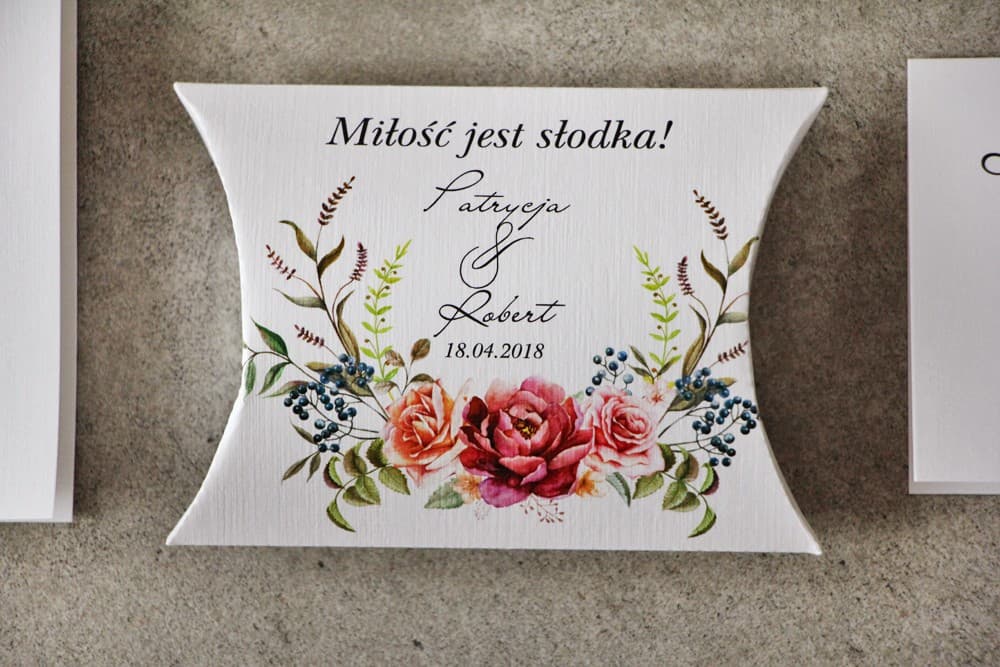 Pudełeczka poduszeczki z kwiatowym motywem bordo i różu, na słodycze | Podziękowania dla gości weselnych | Pistacjowe nr 11