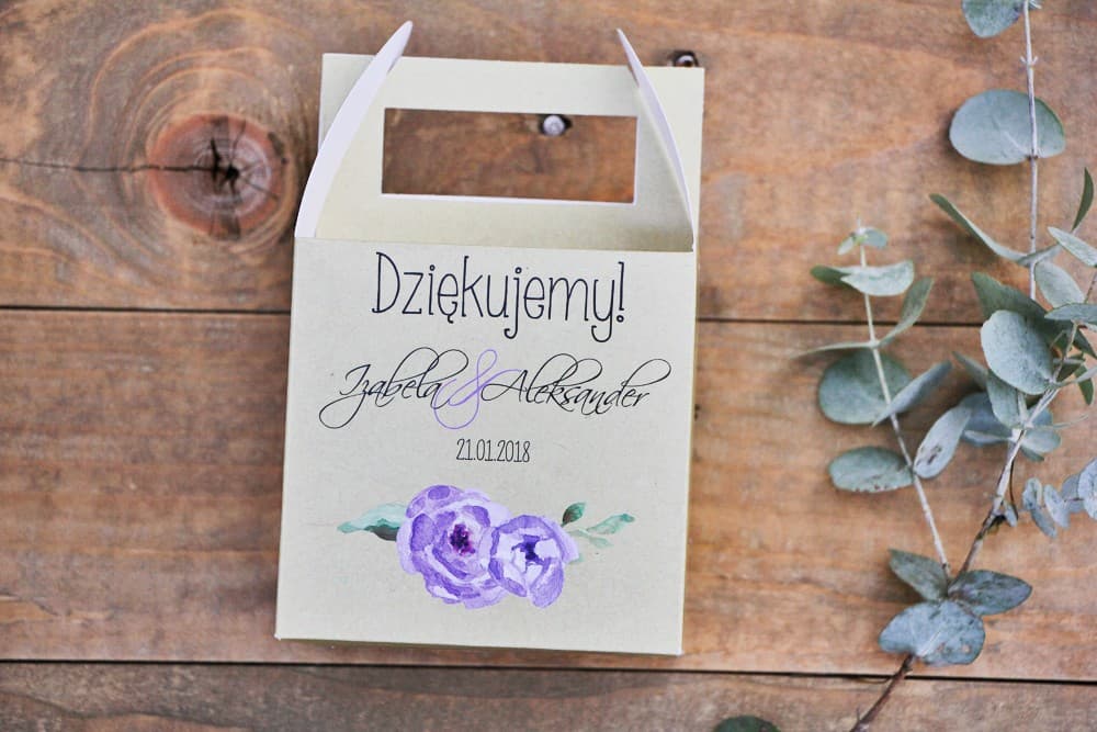 Pudełko na ciasto kwadratowe, tort weselny - Margaret nr 4 - Fioletowe kwiaty z akcentami zieleni