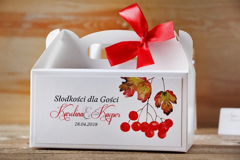 Pudełko na Ciasto Weselne z Rączką Jesienna Jarzębina Personalizowane | Podziękowania dla Gości | Akwarele nr 12