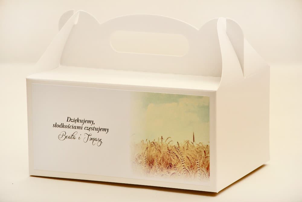 Pudełko na ciasto z motywem pola pszenicy | Personalizowane opakowania weselne dla gości | Elegant nr 25
