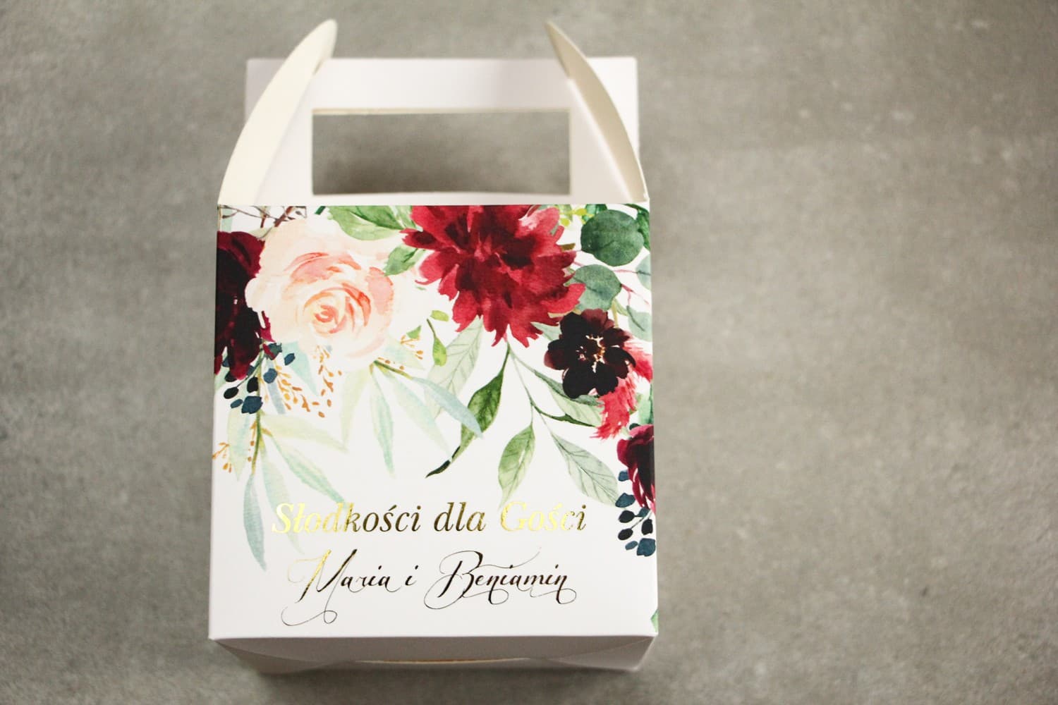 Eleganckie Pudełko na Ciasto z Kwiatami i Złoceniem | Personalizowane Opakowania Ślubne | Flores nr 2