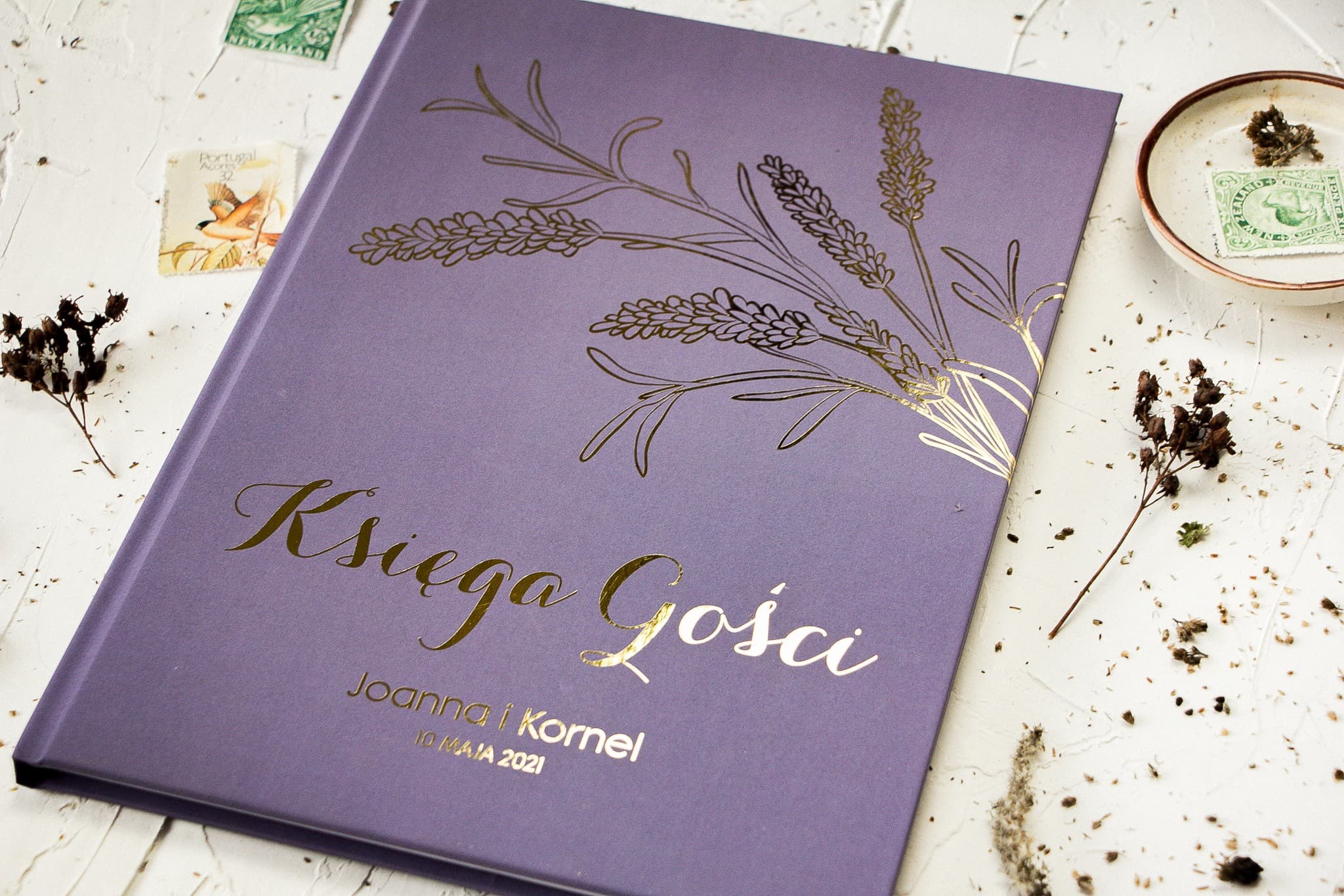 Purple Wedding Guest Book with Gold Wheat Stalks A4 | Personalized Guest Sign-in Album | Design 3 - 2