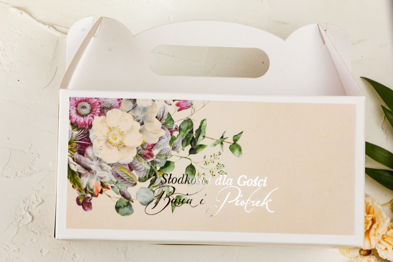 Wedding Cake Box with Handle Silver Foil Flowers | Elegant Guest Packaging | Pastel No. 4
