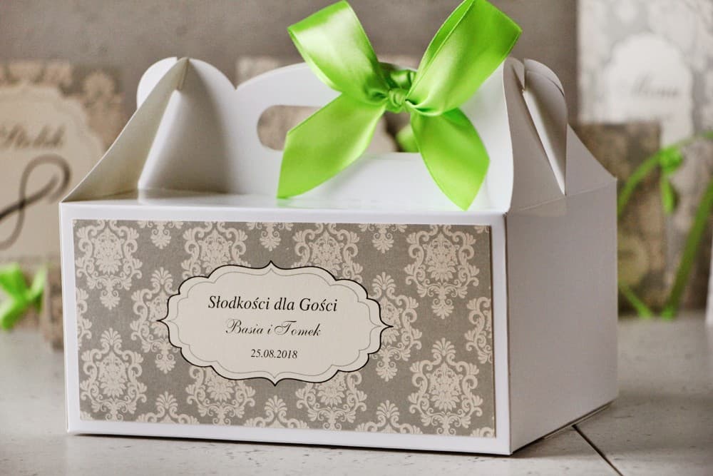 Elegant Rectangular Wedding Cake Box with Bow and Personalization | Sweet Treat Packaging for Guests | Ornament Design 4