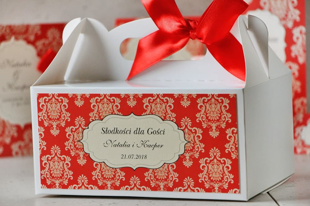 Stylish Wedding Cake Box with Red Ornament and Bow | Personalized Wedding Favour Boxes | Ornament Design 8