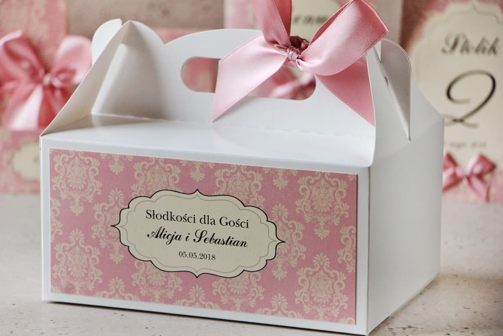 Wedding Cake Box with Pink Ornament and Satin Ribbon, Personalized Wedding Favour Packaging | Ornament No. 1