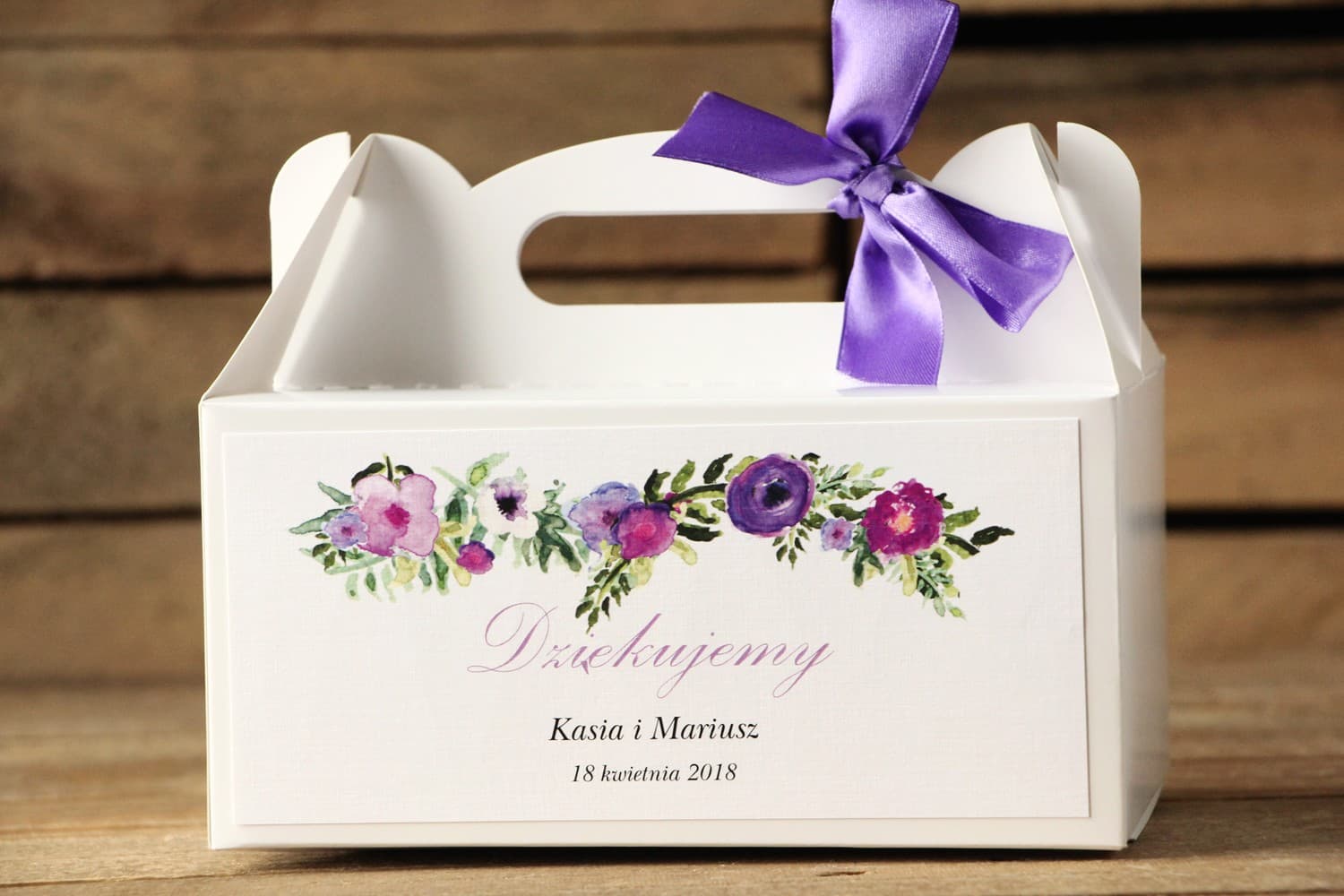 Elegant Wedding Cake Box with Handle | Personalised Purple Floral | Painted Flowers Design 14