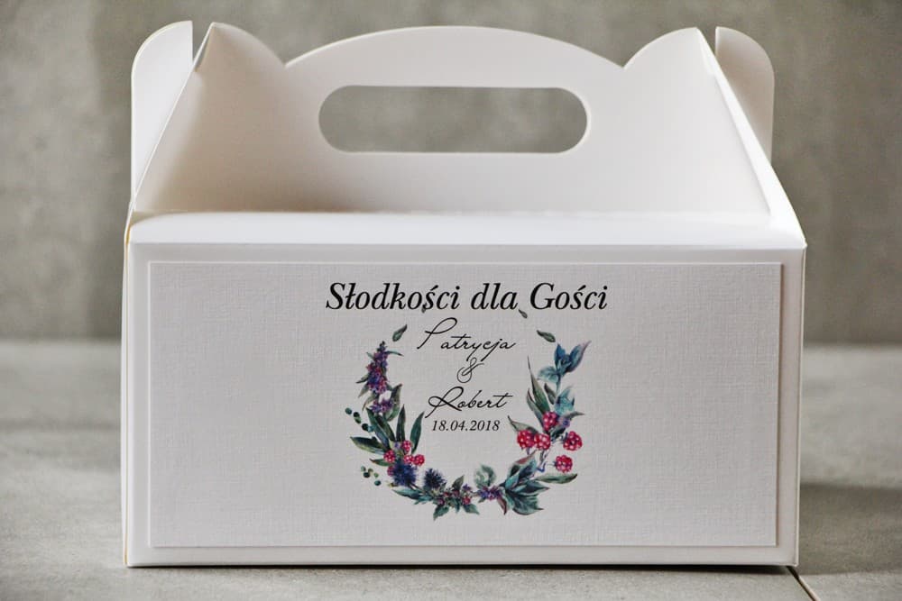 Rectangular Personalized Wedding Cake Box with Handle, Forest Blackberry Motif | Pistachio No. 17