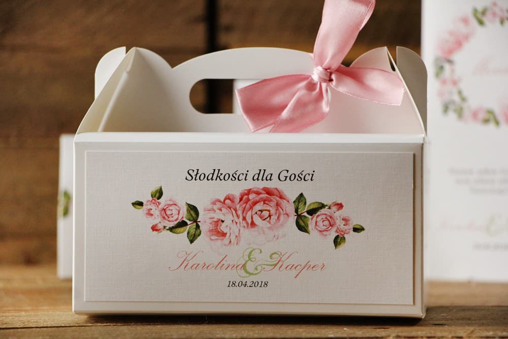 Wedding Cake Box with Handle, Pink Flowers | Personalized Guest Favor Packaging | Watercolors No. 19