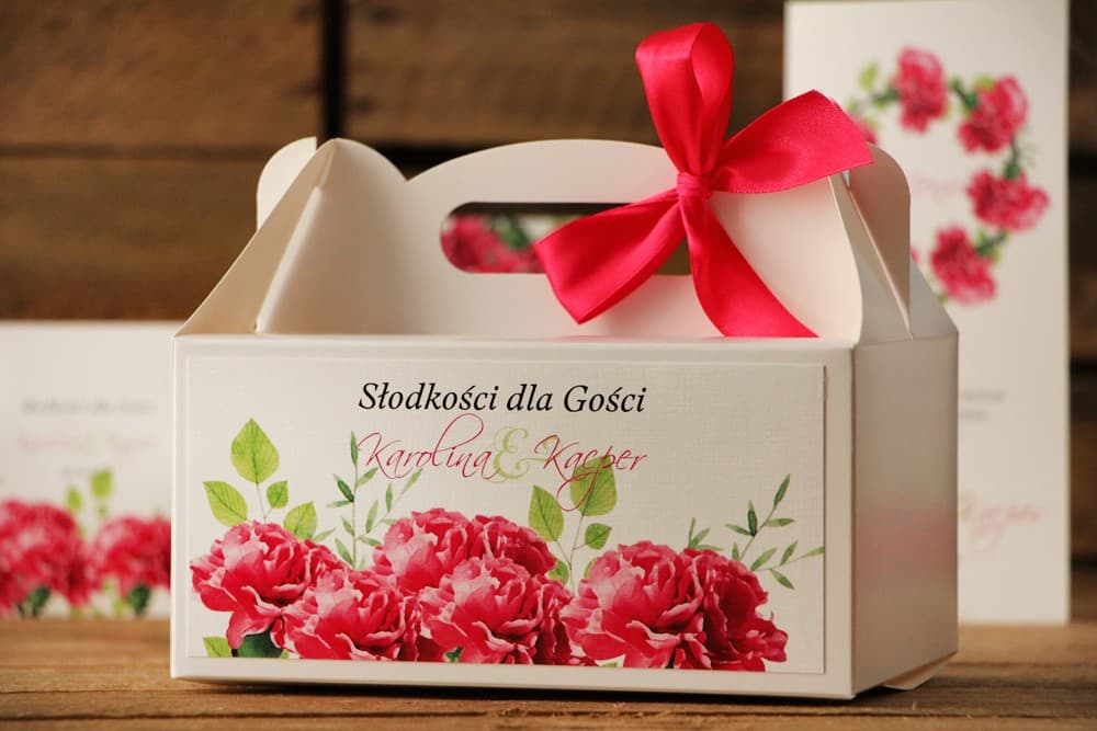 Personalized Cake Box with Handle Pink Carnations | Wedding Cake Packaging for Guests | Watercolours No. 18