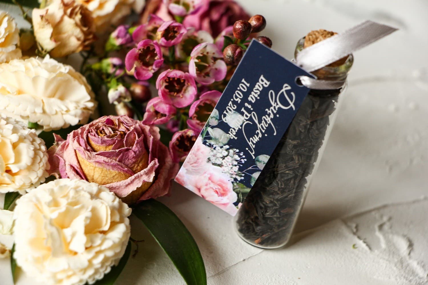 Thé en Fiole Remerciement Invités | Cadeaux de Mariage Motif Pivoine Glamour | Pastel n° 3