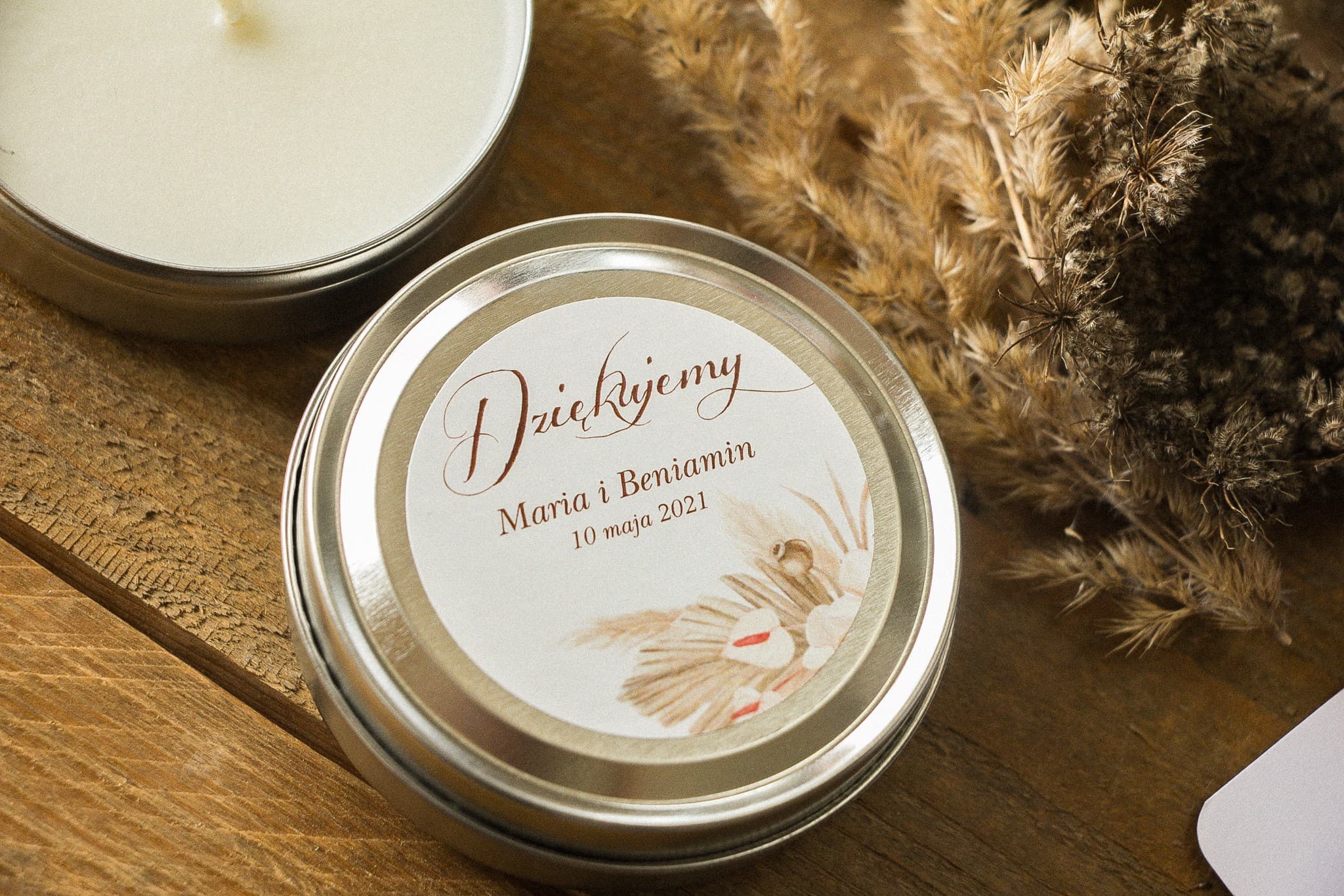 Boho Scented Candle Wedding Favours with Pampas Grass Motif | Indygo No. 6