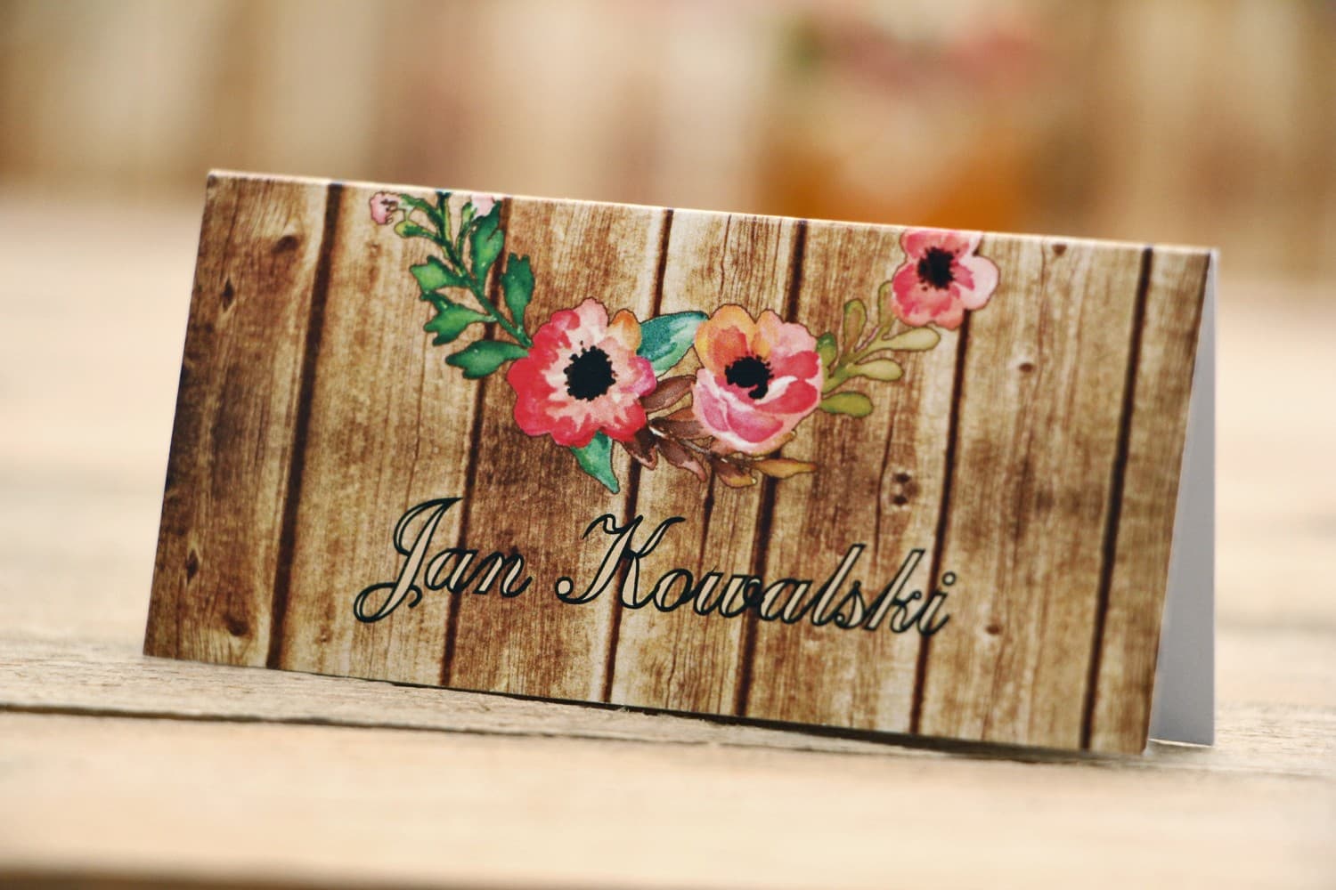 Rustic Wedding Place Cards No. 2 – Pink Lisianthus on Wood