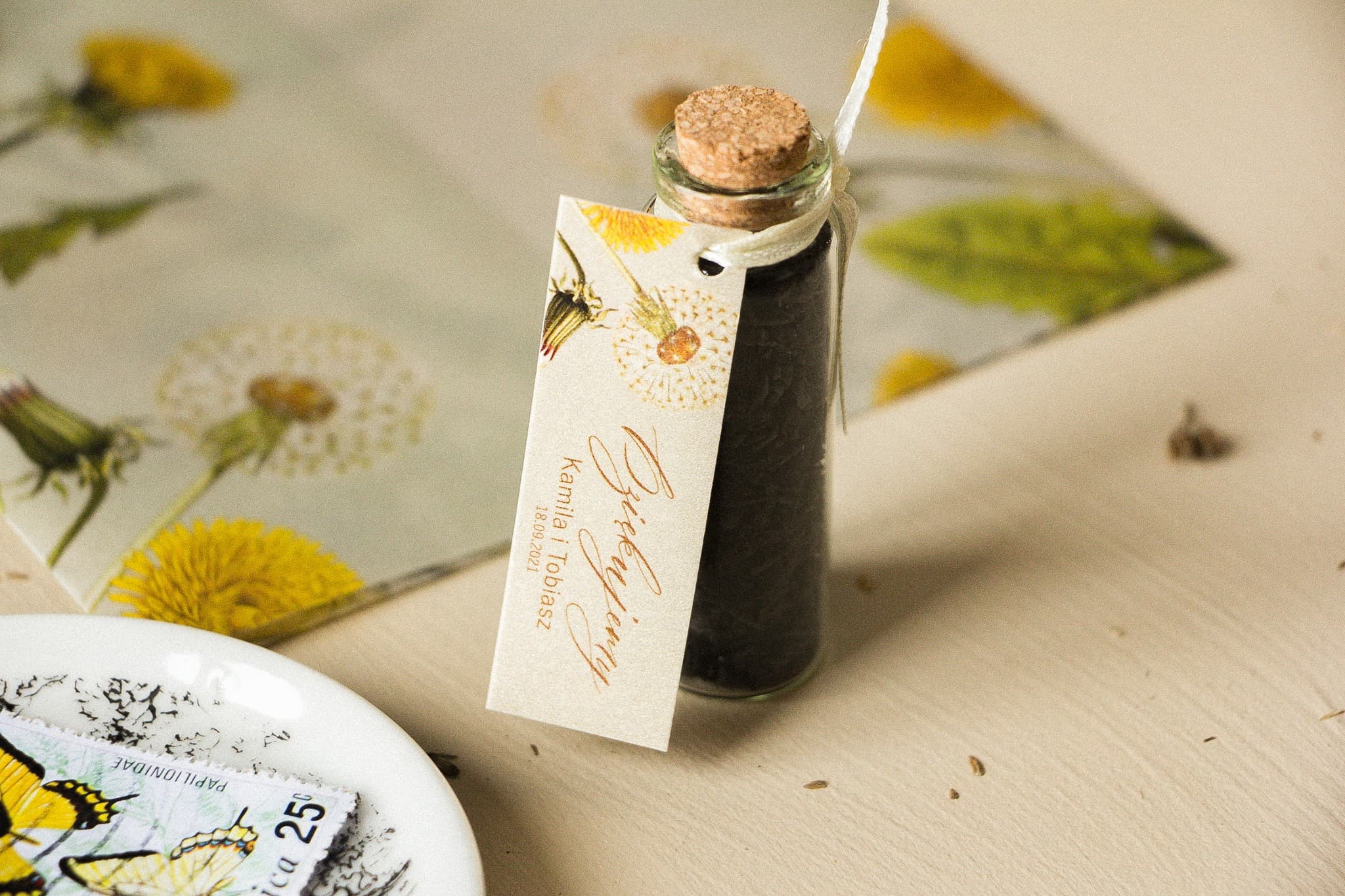 Rustic Tea Bottle Wedding Favours with Dandelion Motif | Opal Design 6