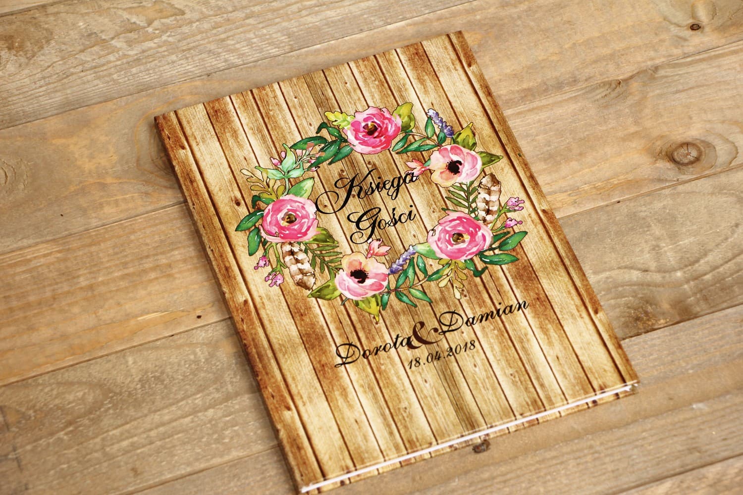 Rustic Wedding Guest Book with Floral Wreath | Personalized Guest Sign-in Album | Rustic No. 1