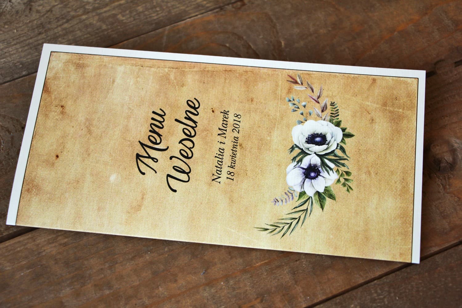 Rustic Wedding Menu with Anemones on Linen Paper | Table Menu Card | Caramel No. 7