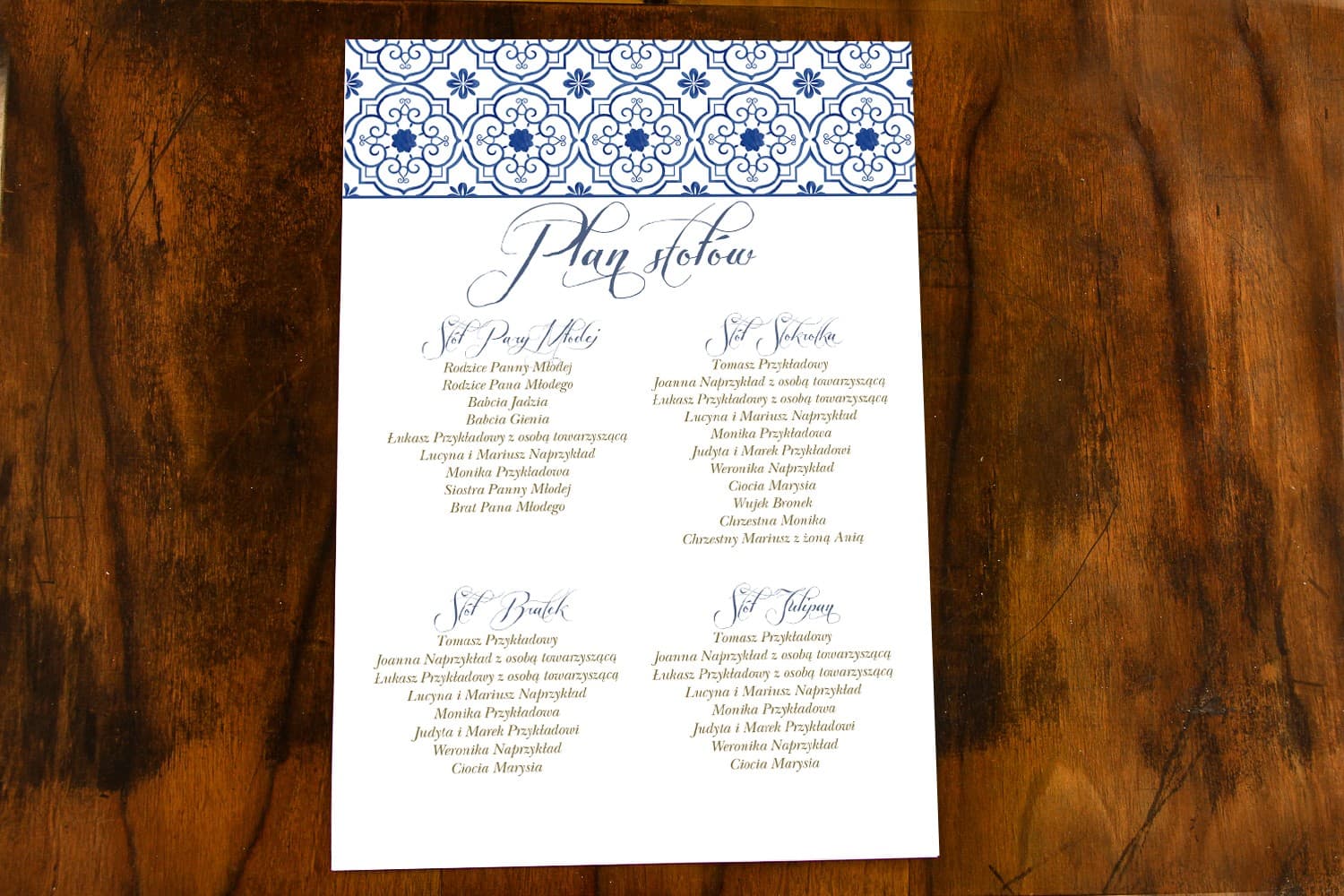 Rustic Wedding Seating Plan with Blue Spanish Pattern | Wedding Guest Seating Chart | Indygo No. 1