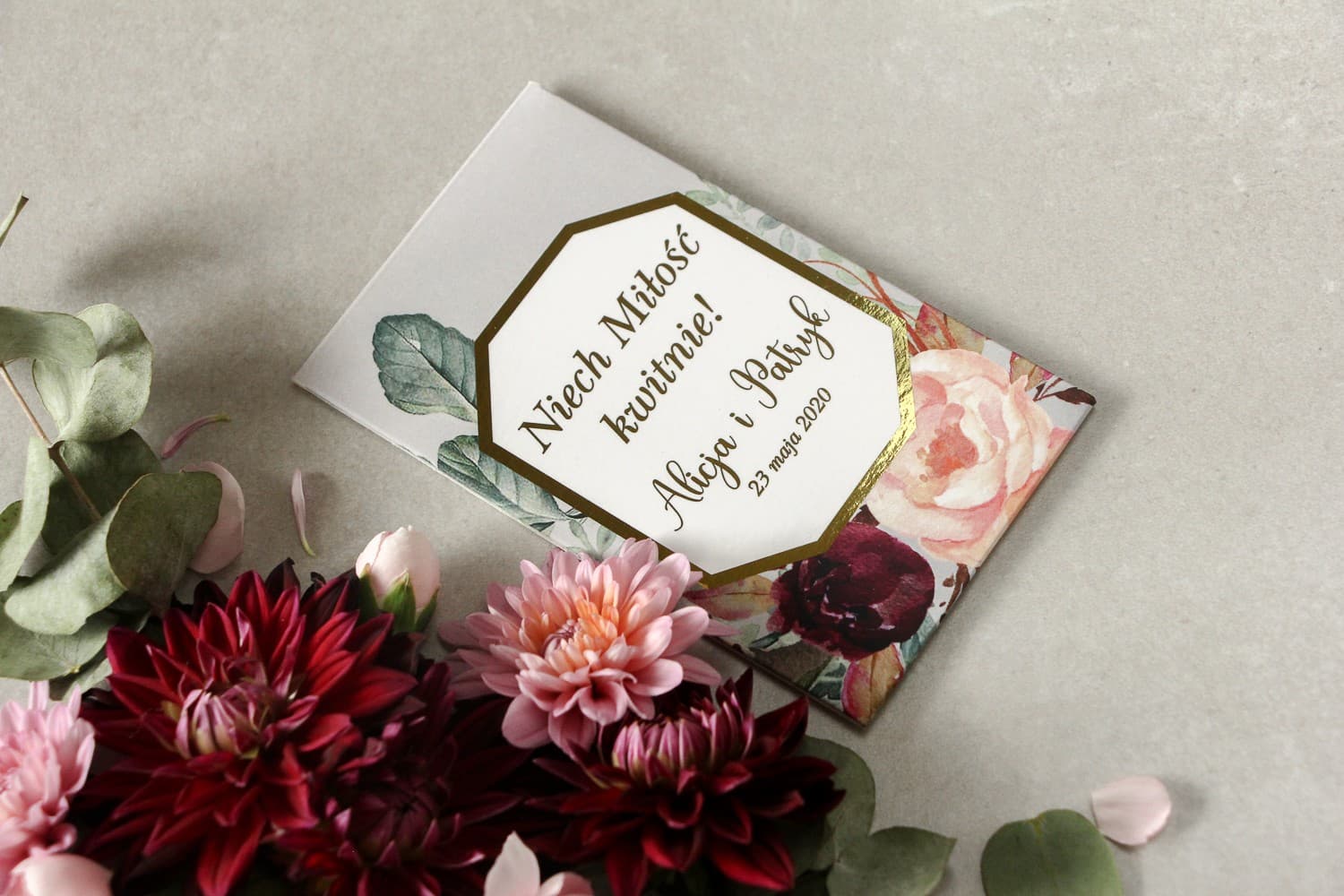 Vergissmeinnicht-Samen mit burgunderroter Pfingstrose | Gastgeschenke Hochzeit | Kollektion Lotus Nr. 5