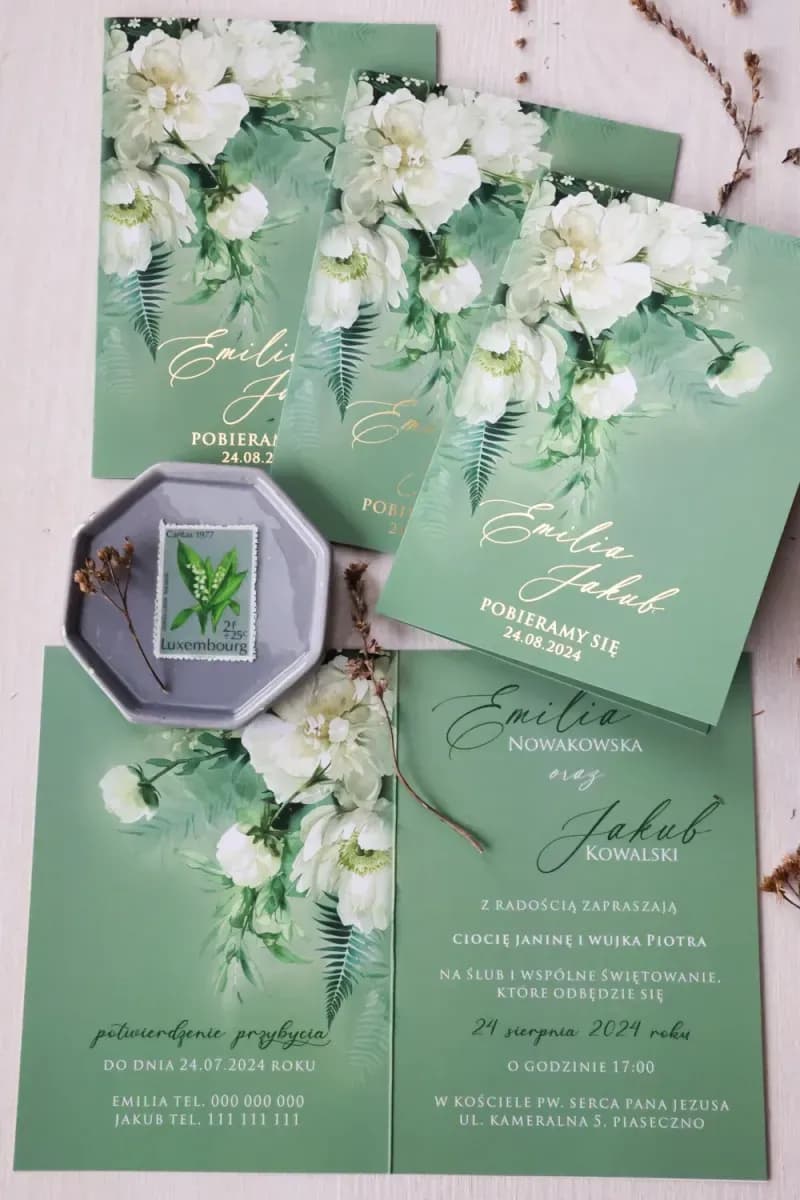 Sample Botanical Wedding Invitation with Green Leaves - Ruscus Design 12