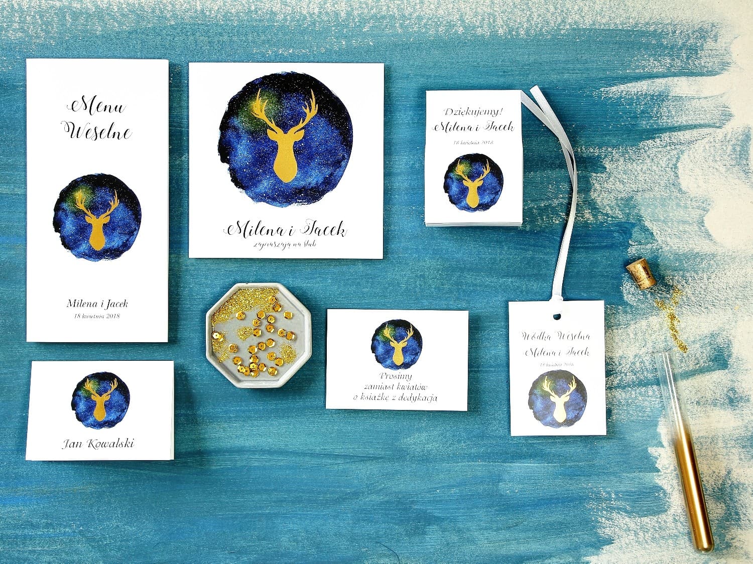 Gold Foiled Stag Sample Set | Navy Blue Wedding Invitation Samples | Moonlit Night No. 5