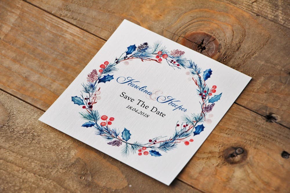 Save the Date de Invierno, Ramas Azules y Acebo | Anuncios de Boda en Acuarela | Acuarela n.º 15