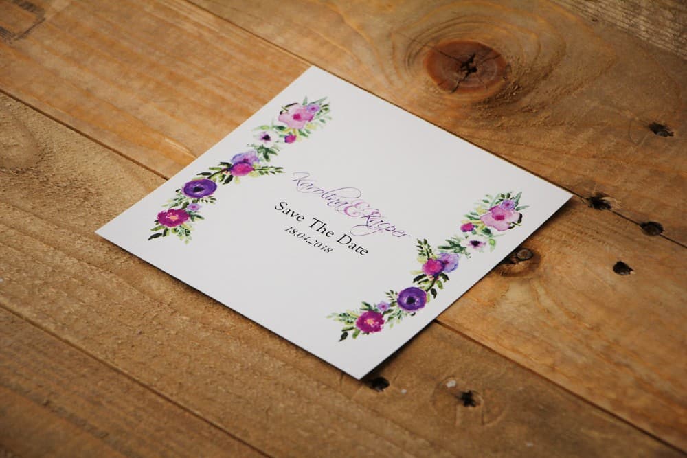 Save The Date Violette Blumen Aquarell | Quadratische Karte | Akwarele Nr. 11