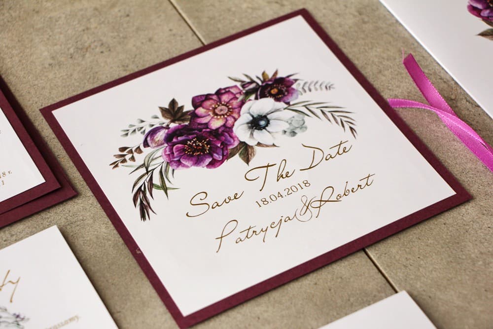 Elegant Save The Date Gold Foiled Purple Flowers | Wedding Invitation Card | Cykade No. 1