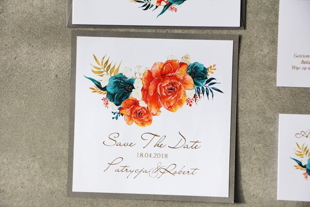 Artistic Gilded Save the Date, Emerald Anemones and Roses | Floral Wedding Cards | Cykade No. 6
