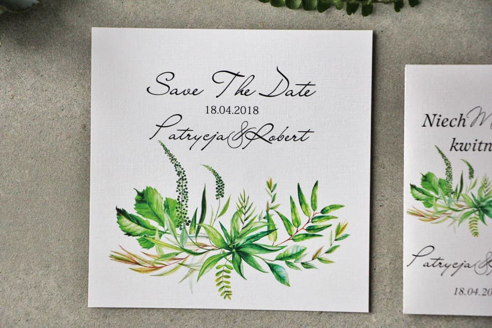 Save The Date Annuncio di Matrimonio con Foglie Verdi, Stile Greenery | Pre-inviti di Nozze | Pistacchio n. 20