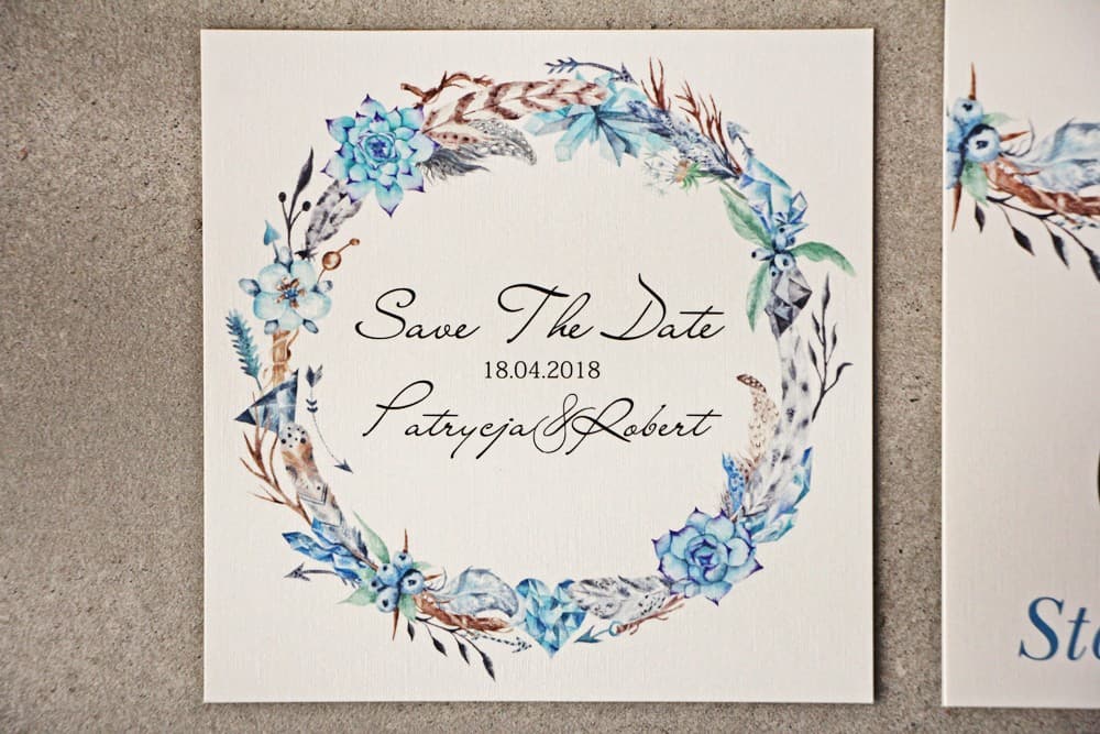 Save The Date Boho Feathers and Succulents Blue & Purple | Wedding Date Announcement | Pistachio No. 21