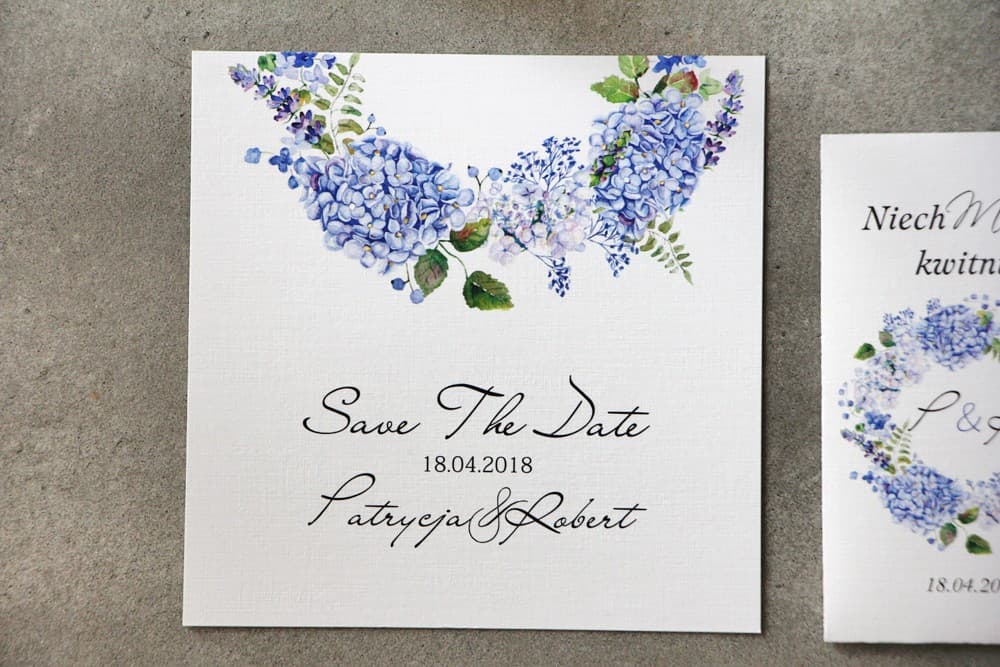 Save The Date Hortensias Azules | Aviso de Fecha de Boda Floral | Pistacjowe nº 1
