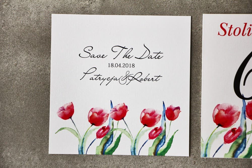 Save The Date mit roten Tulpen, Aquarell-Kranz | Hochzeitskarten Terminreservierung | Pistacjowe Nr. 5
