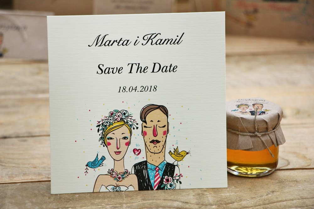 Rustic Wedding Invitation Card with Bride and Groom Illustration, Eco Paper | Save The Date | Presto